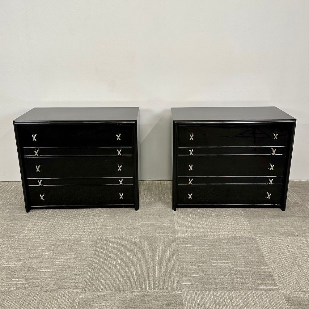 Pair Mid-Century Modern Commodes / Nightstands, Paul Frankl Style, Ebony Lacquer