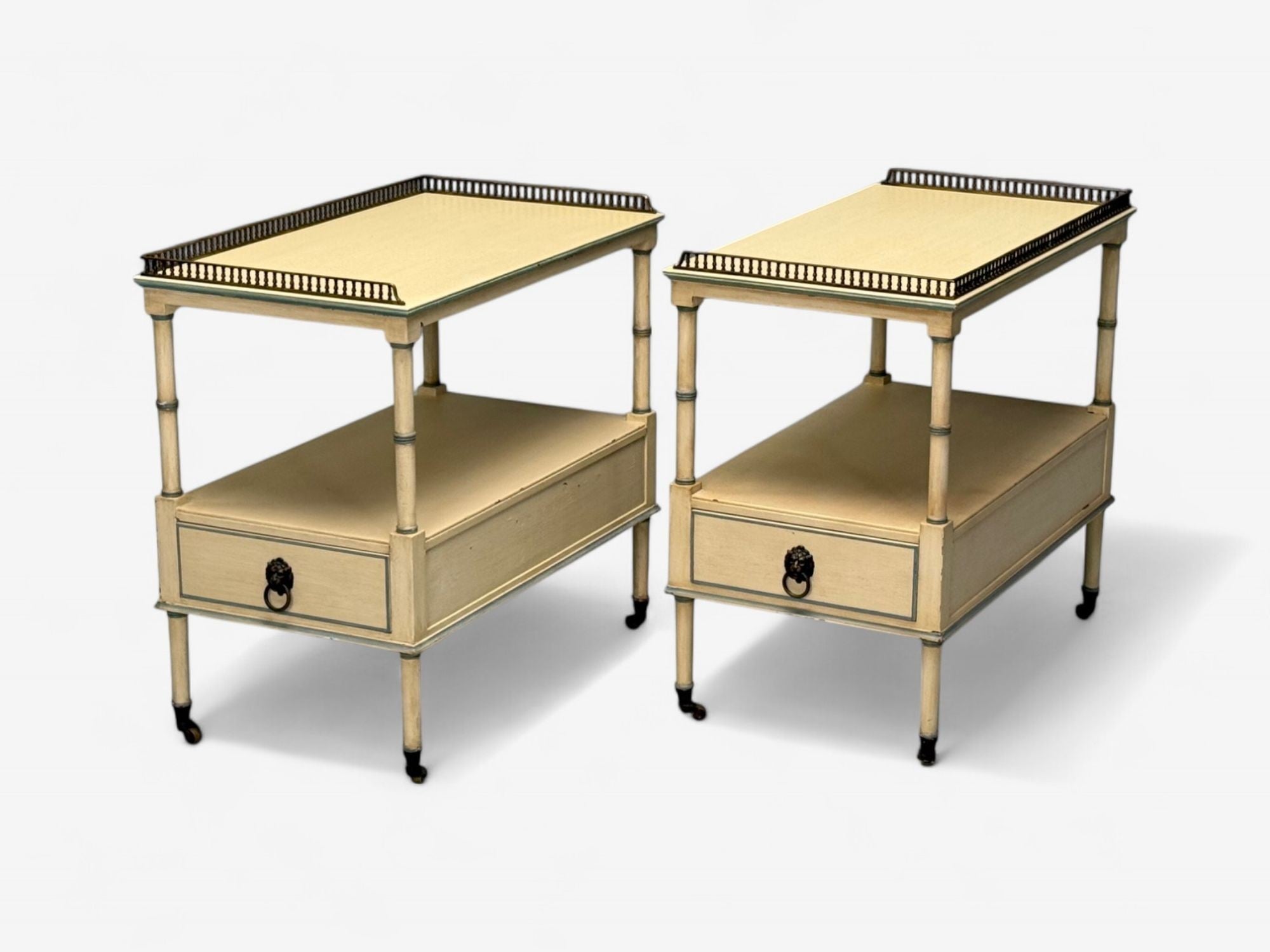 Kittinger, Hollywood Regency Style, Side Tables, Faux Bamboo Painted Wood, Brass