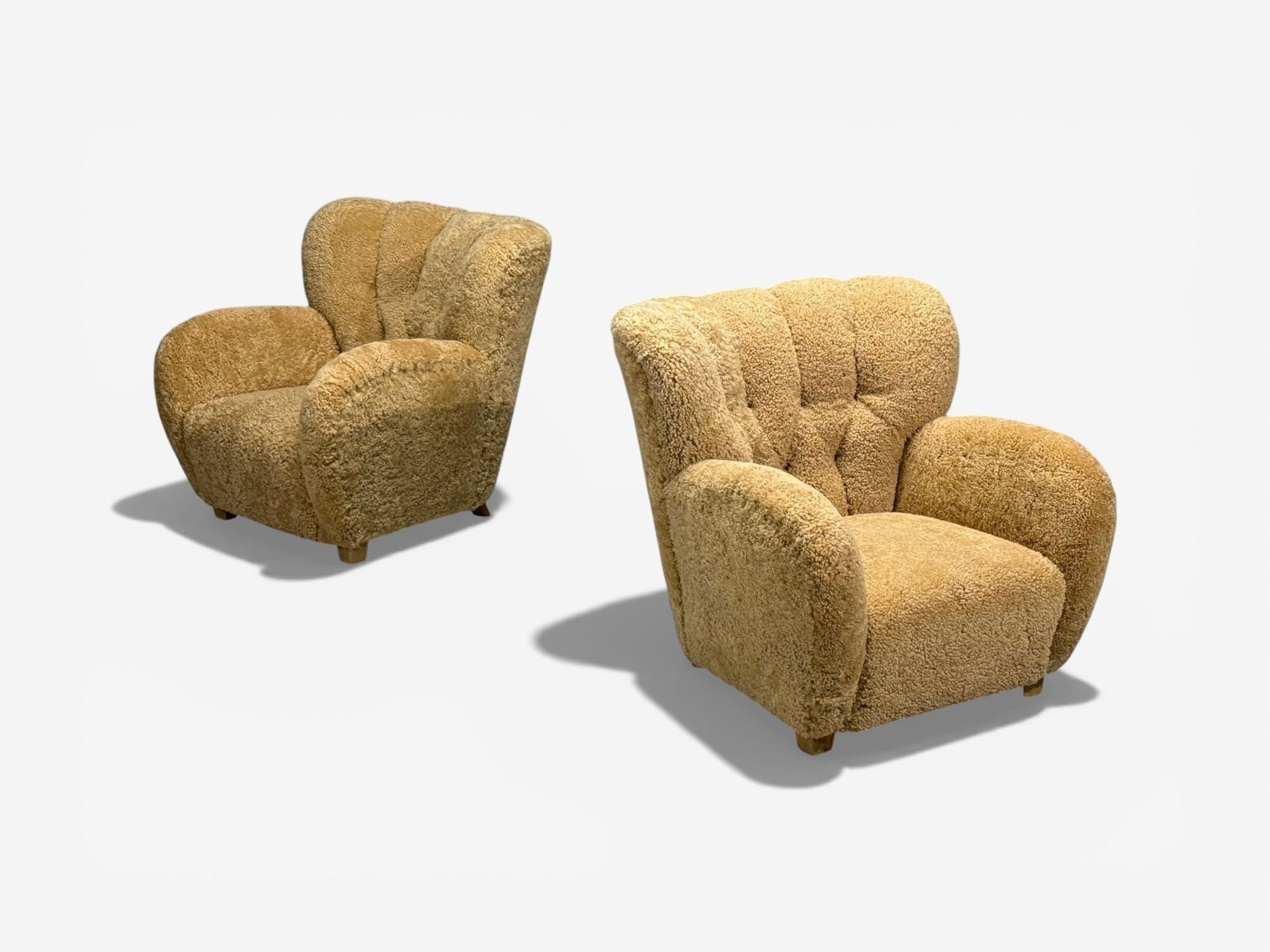 Finnish Modern, Organic Lounge Chairs, Shearling, Wood, Finland, 1940s