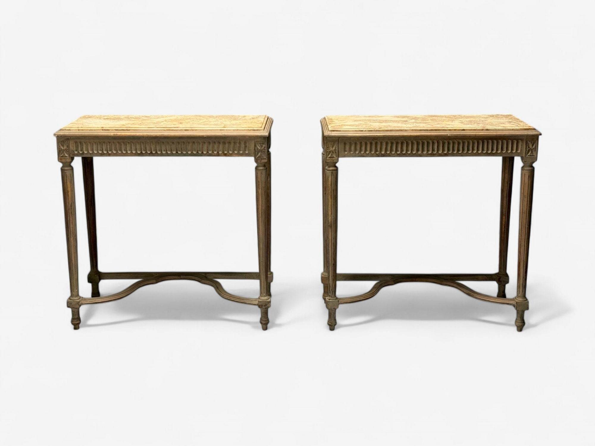 Gustavian, Louis XVI Style, Console Tables, Distressed Grey Wood, Marble, France