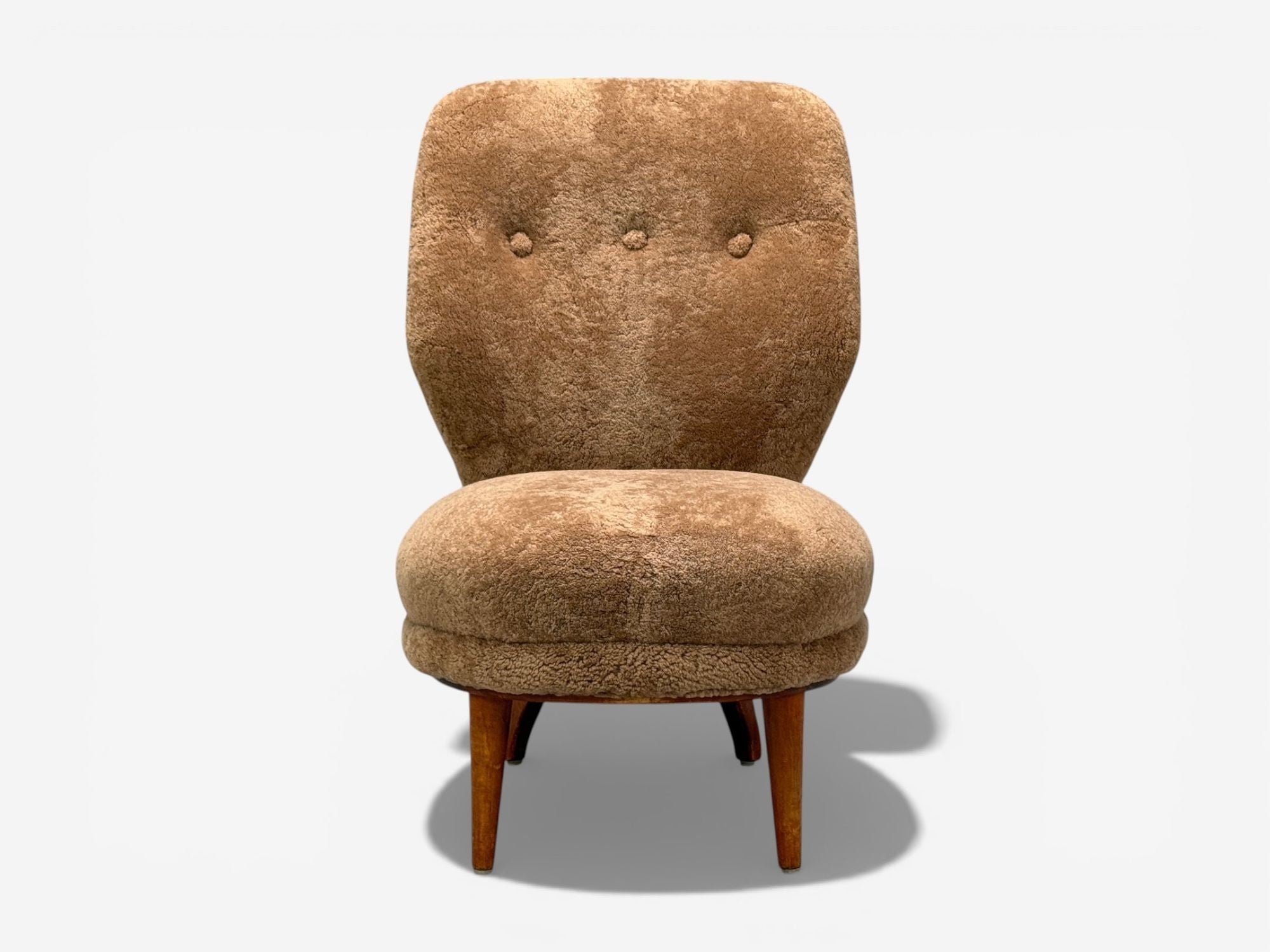 Swedish Modern, Slipper Chair, Brown Sheepskin, Birch, Sweden, 1950s