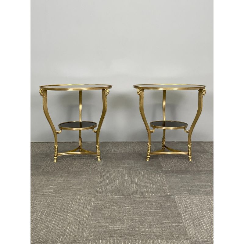 Pair of French Rams Head Gueridon, End or Side Tables, Black Marble Top, Bronze