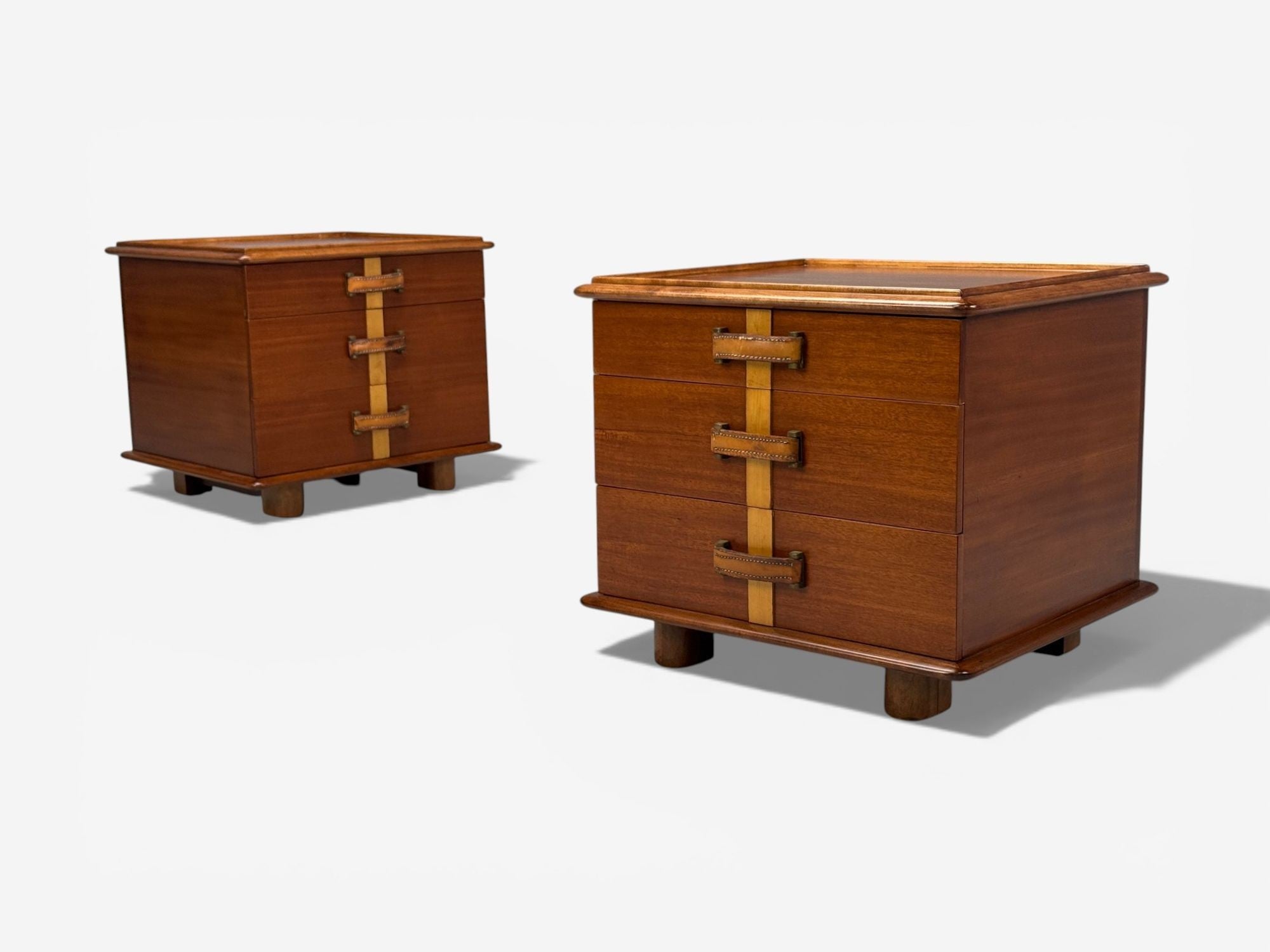 Paul Frankl, Rare Nightstands, Mahogany, Rock Maple, Brass, Leather, USA, 1950s