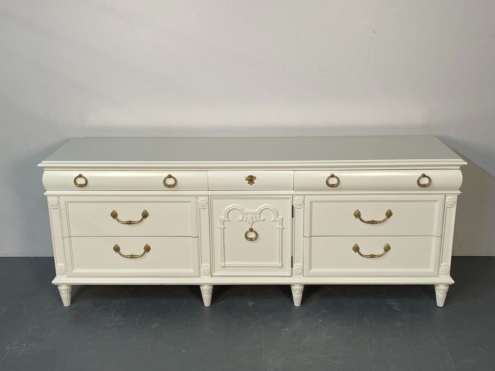 Louis XVI Style Painted Dresser, Mid Century Modern, Commode, Bronze, Off White