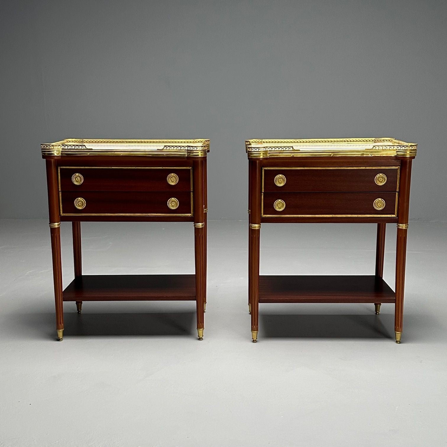 Maison Jansen Style, Hollywood Regency, Mahogany, Marble, Brass, Nightstands