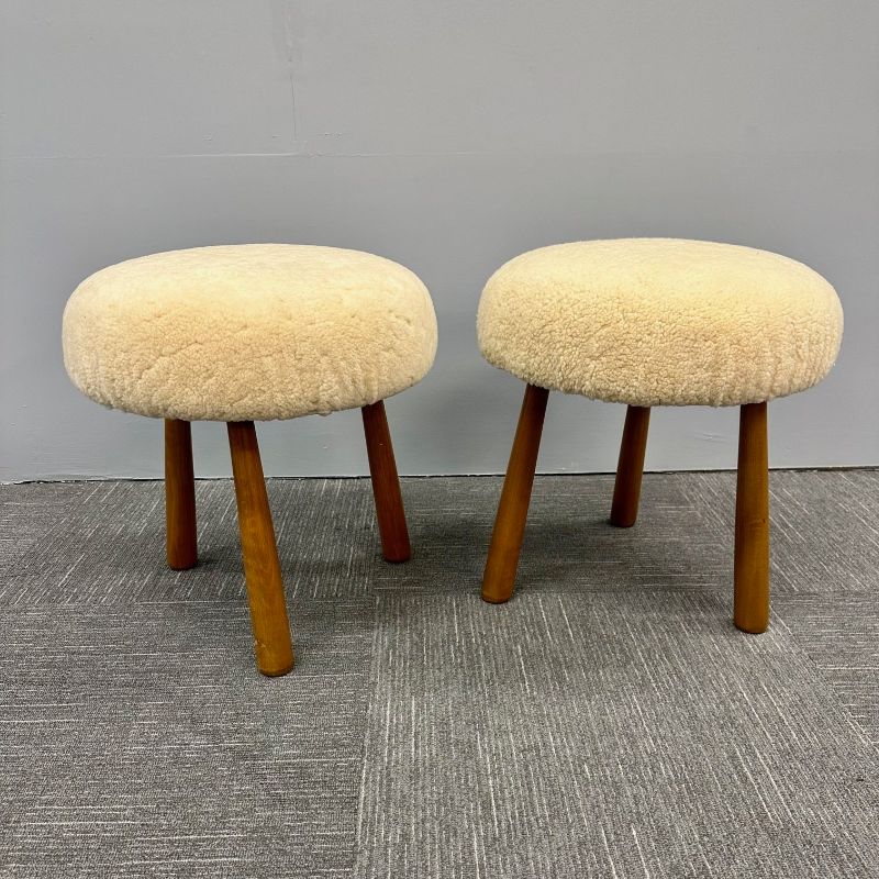 Pair Contemporary Swedish Modern Style Sheepskin Footstools / Ottomans, Beige