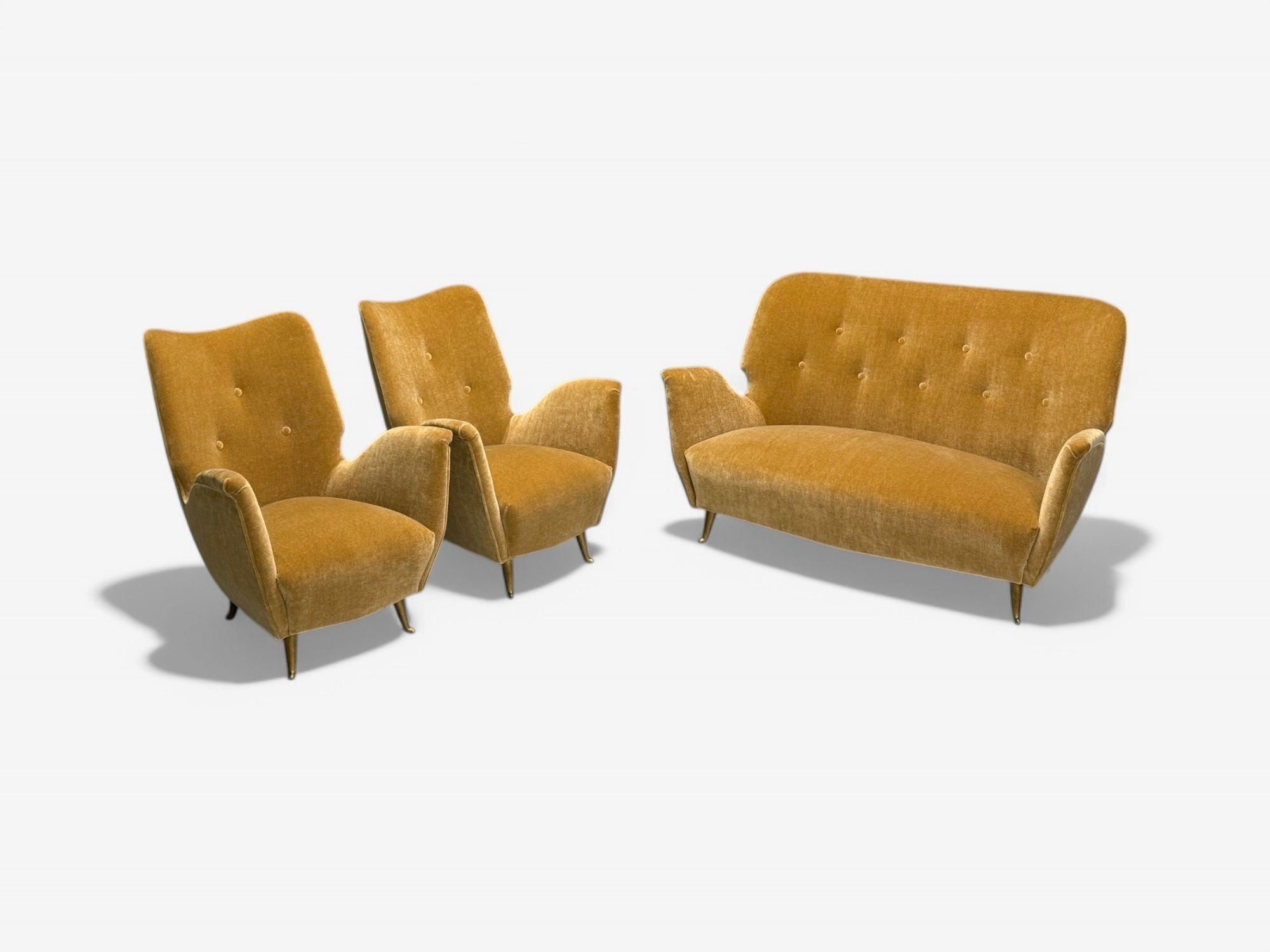ISA Bergamo, Italian Mid-Century Modern, Bronze, Camel Mohair, Sofa Set, 1950s