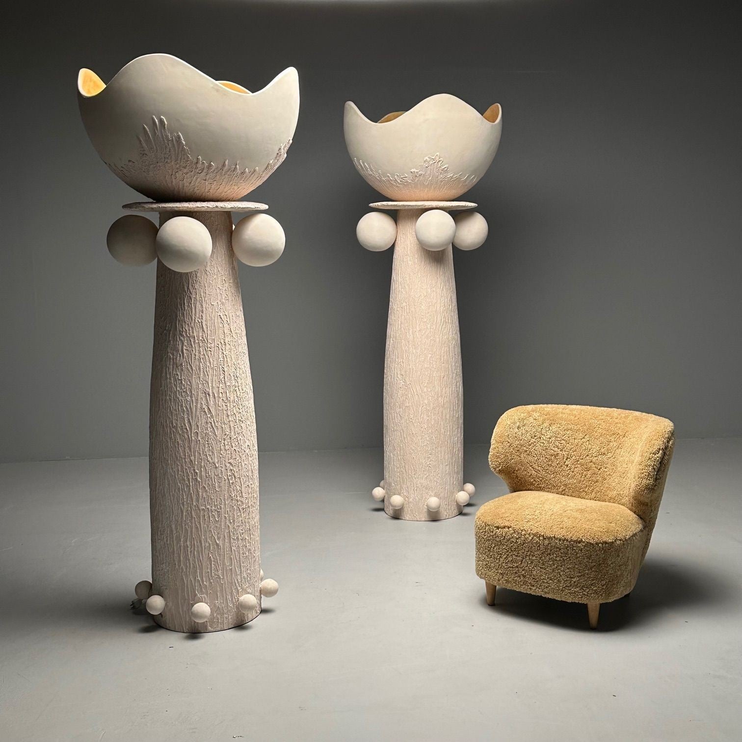 Monumental Modern Torchères, Sculpted Plaster, Gold Gilt, 21st C.