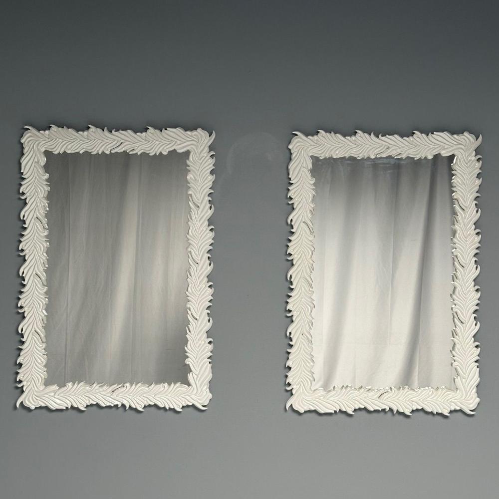 Serge Roche Style, Contemporary, Rectangular Leaf Wall Mirrors, White Lacquer