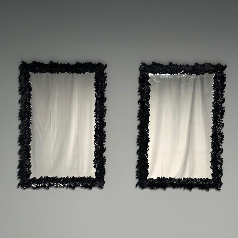 Serge Roche Style, Modern, Rectangular Leaf Wall Mirrors, Black Lacquer