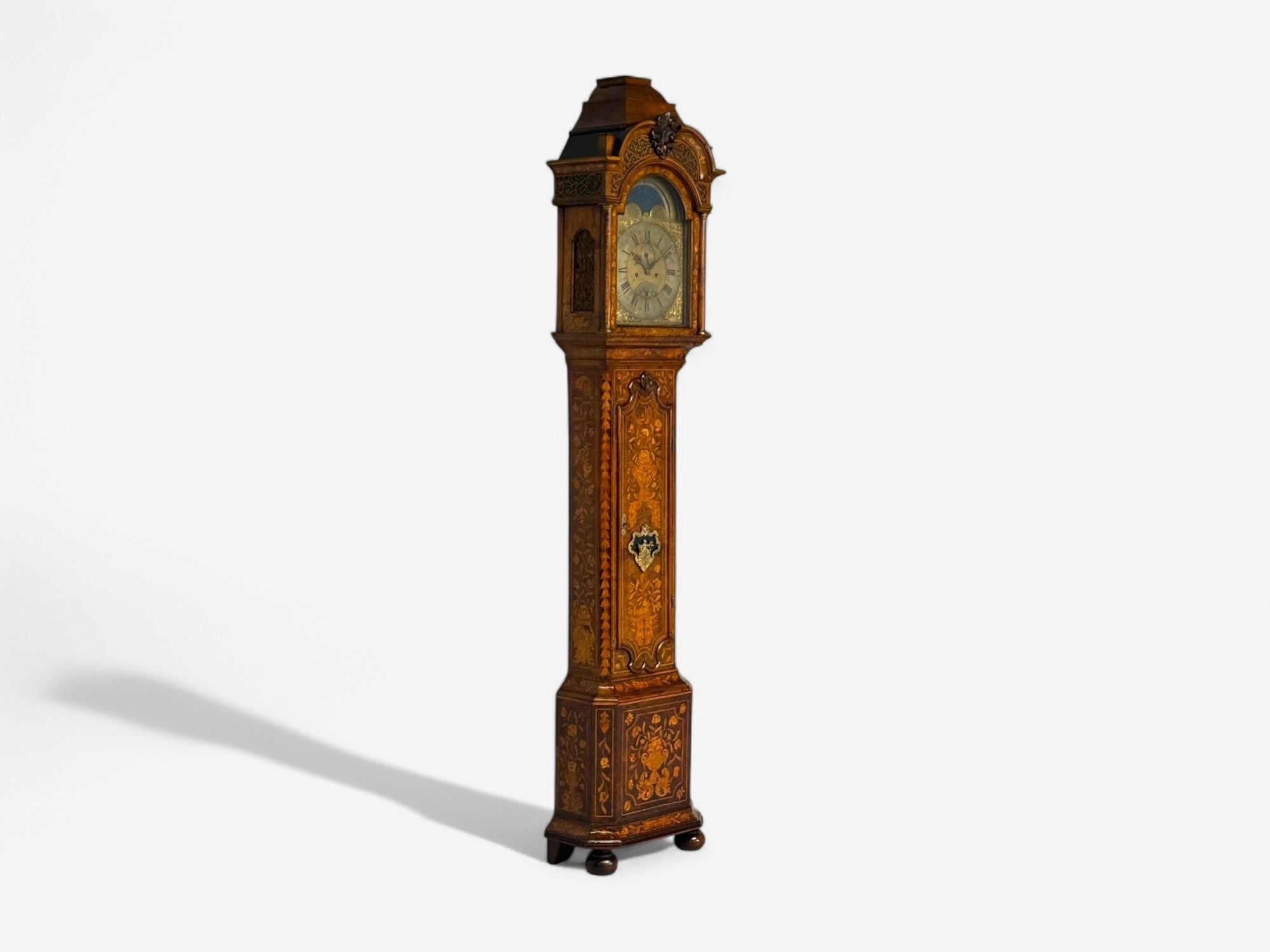 JP Kroese, Dutch Baroque, Marquetry, Moon Face Dial, Grandfather Clock, 18th C