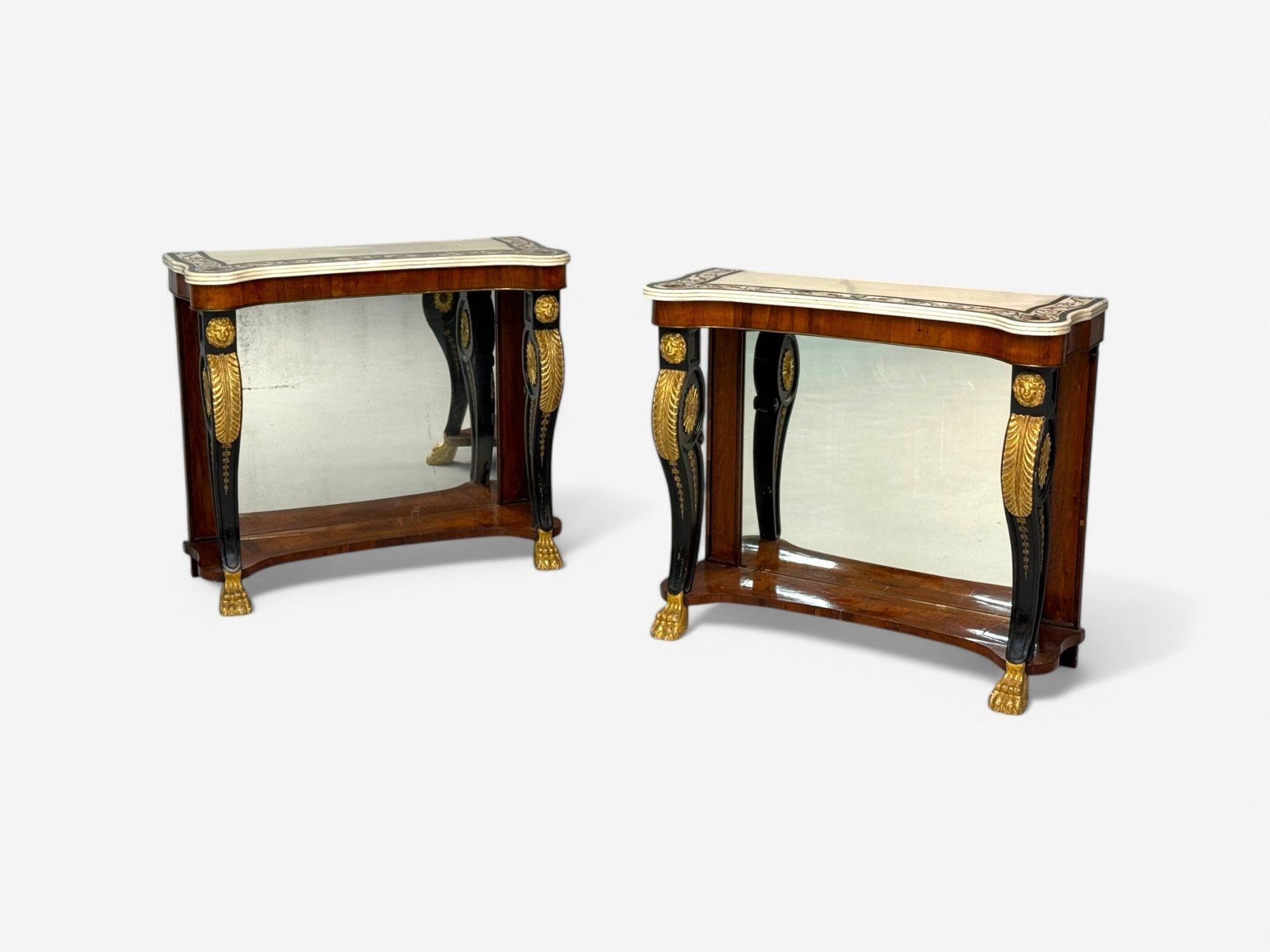Pietto Bossi attr, Scagliola Marble, Giltwood, Mirrored Consoles, Italy, 18th c