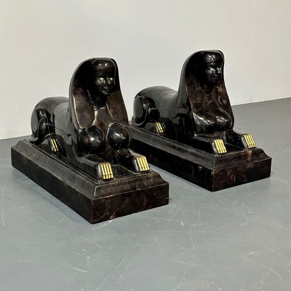 Pair of Maitland Smith Tessellated Egyptian Seated Sphinxes, Entryway