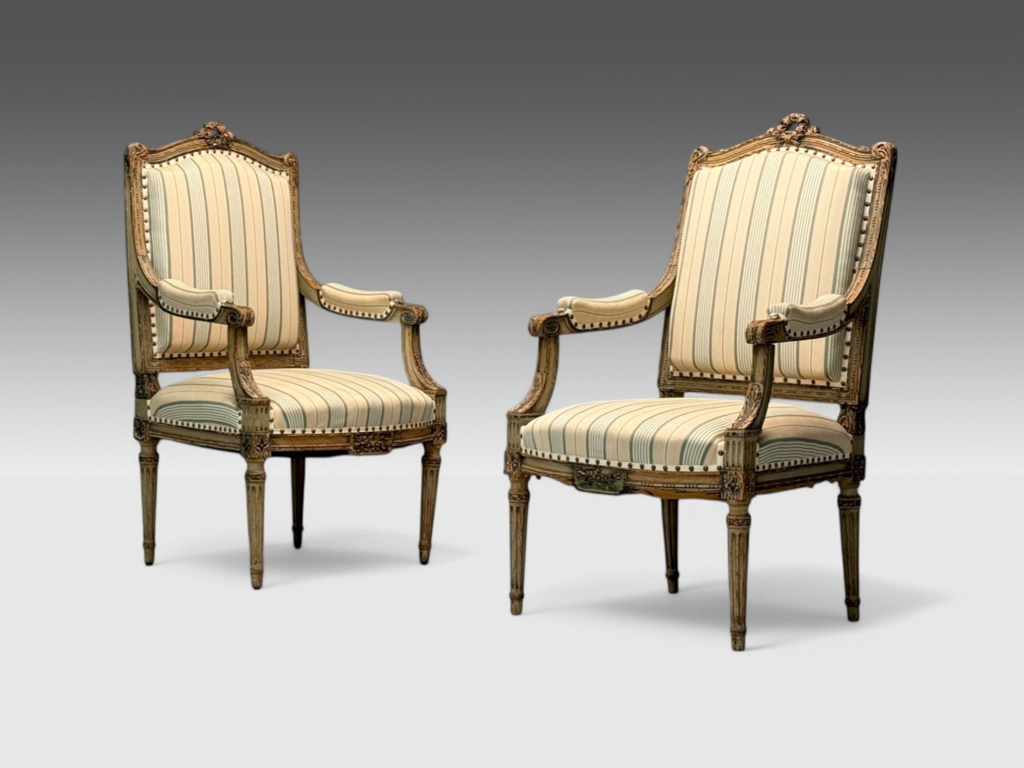 Maison Jansen attr, Louis XVI, Painted Wood, Fabric, Arm Chairs, France, 1940s