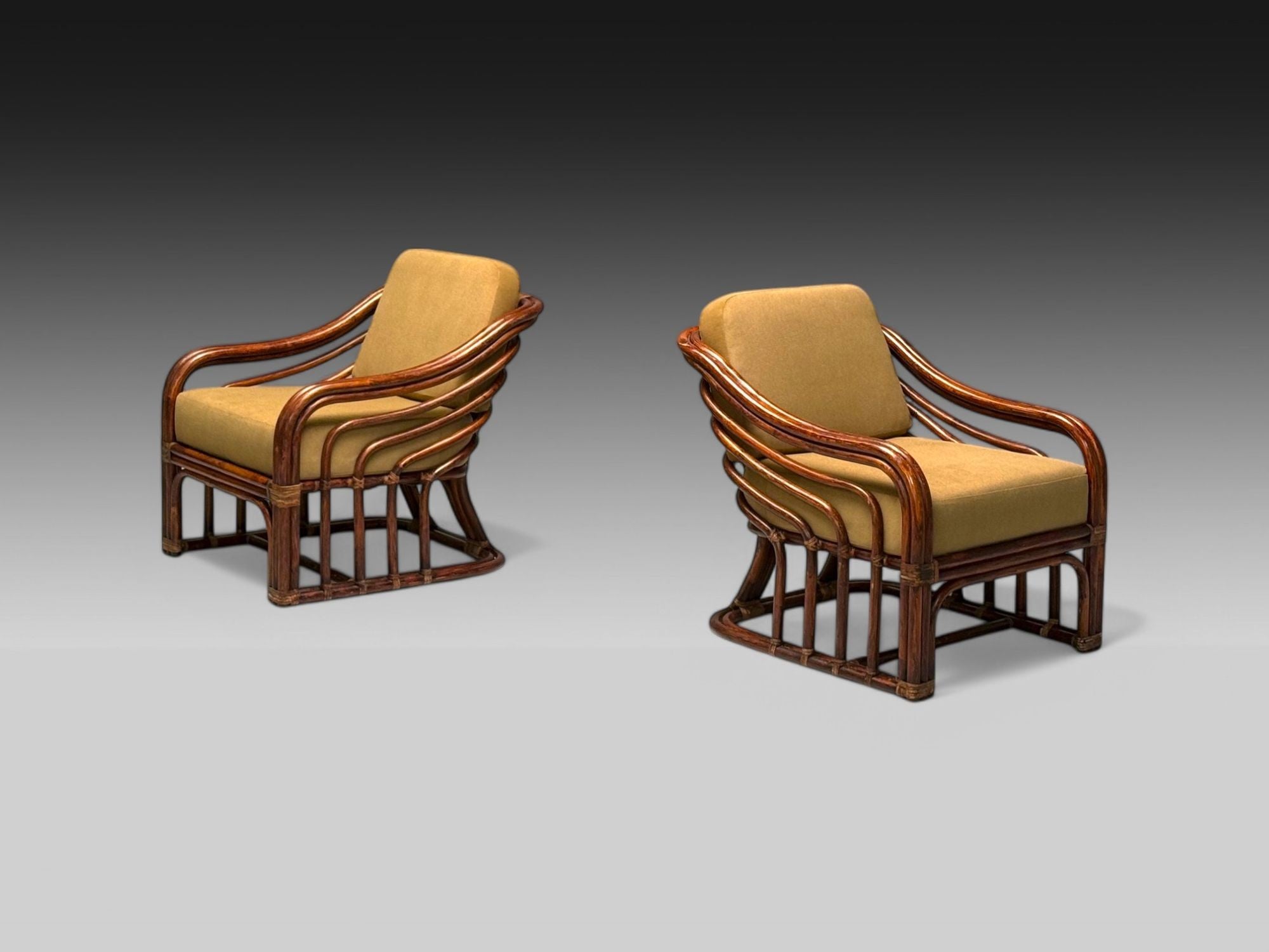 Brown Jordan, Mid-Century Modern, Bamboo, Camel Fabric, Lounge Chairs, 1960s