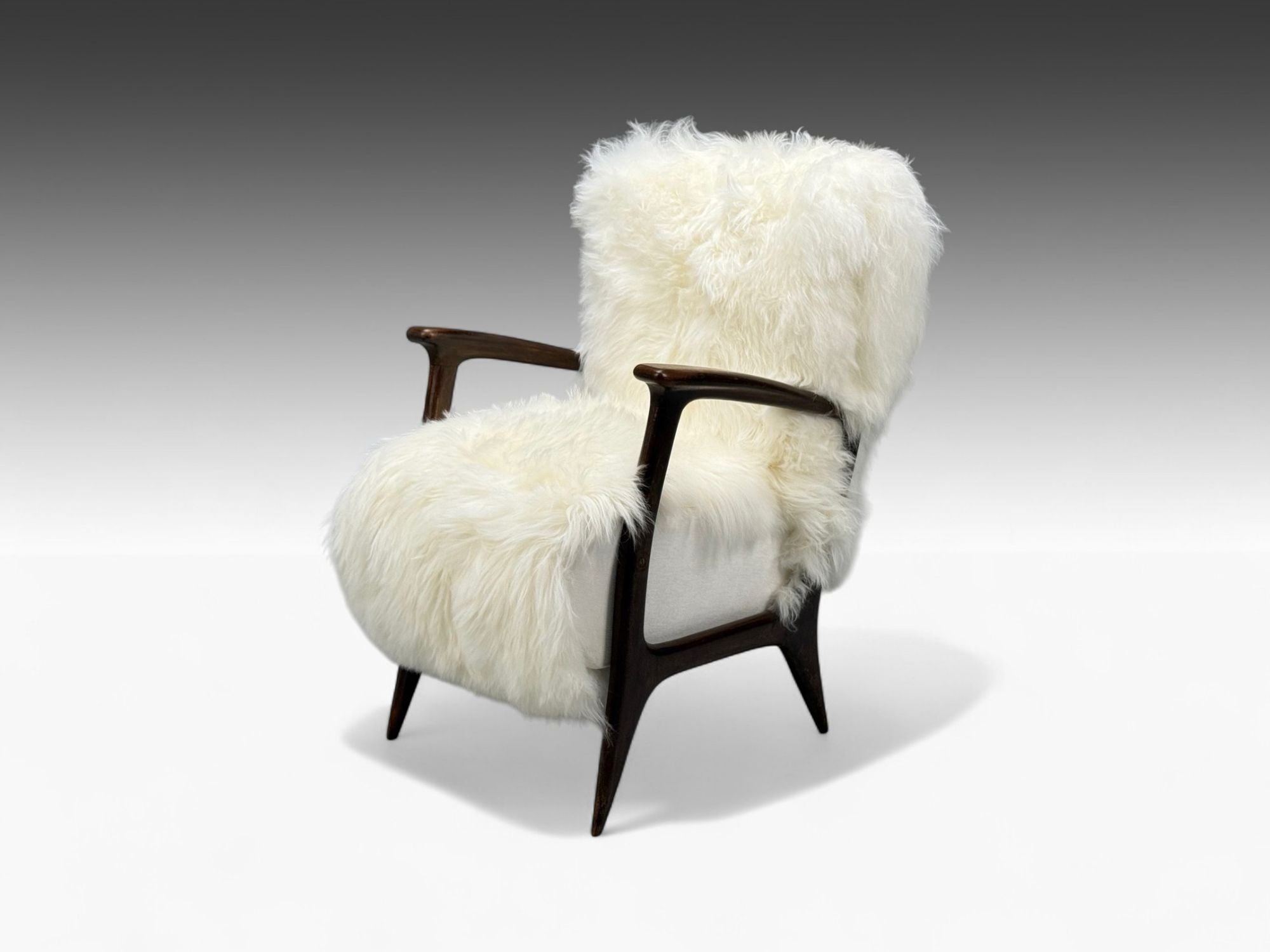 Italian Modern, Wood, White Shearling, Lounge Chair, 1950s