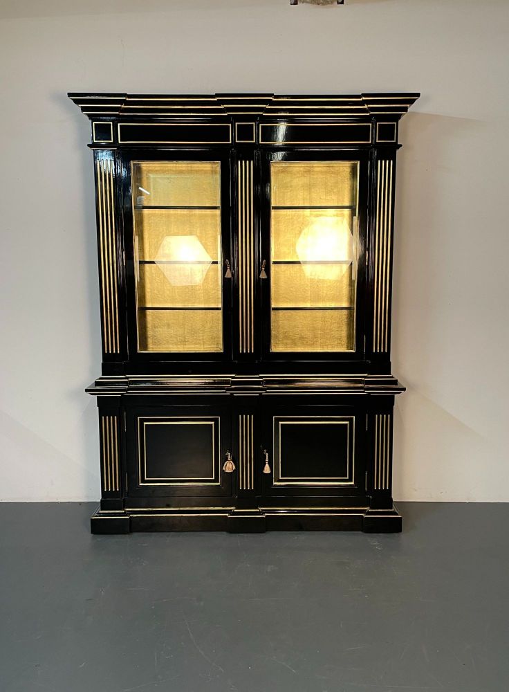 Hollywood Regency Maison Jansen Style Bookcase / Cabinet, Ebony, Gold Leaf