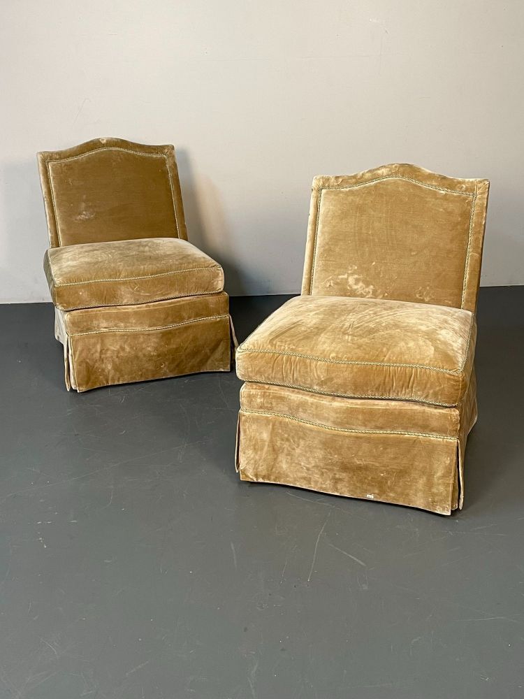 Pair of Louis XVI Style Mohair Slipper or Lounge Chairs, Traditional, Velvet