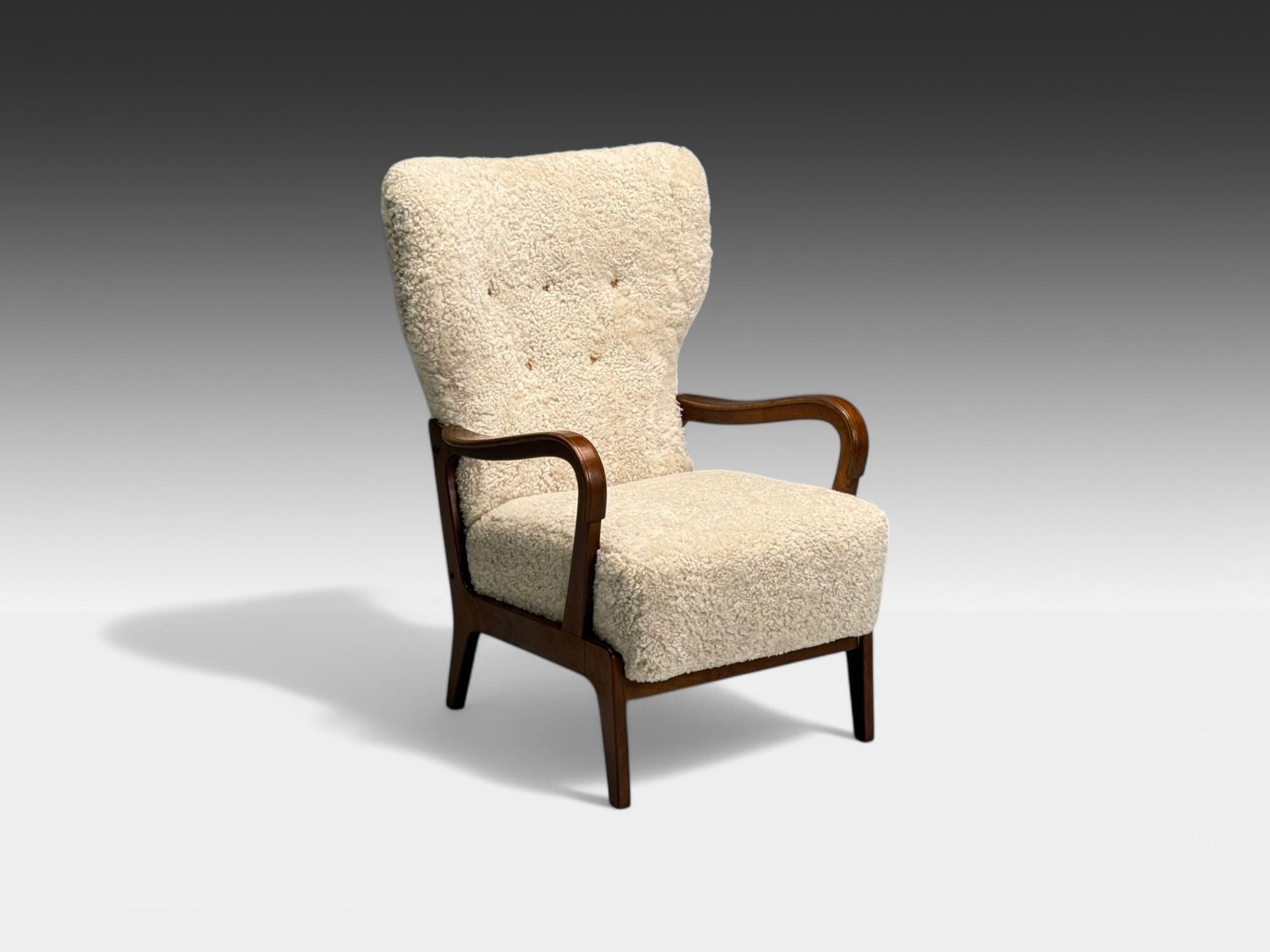 Danish Mid-Century Modern, Beige Sheepskin, Beech, Lounge Chair, Denmark, 1960s