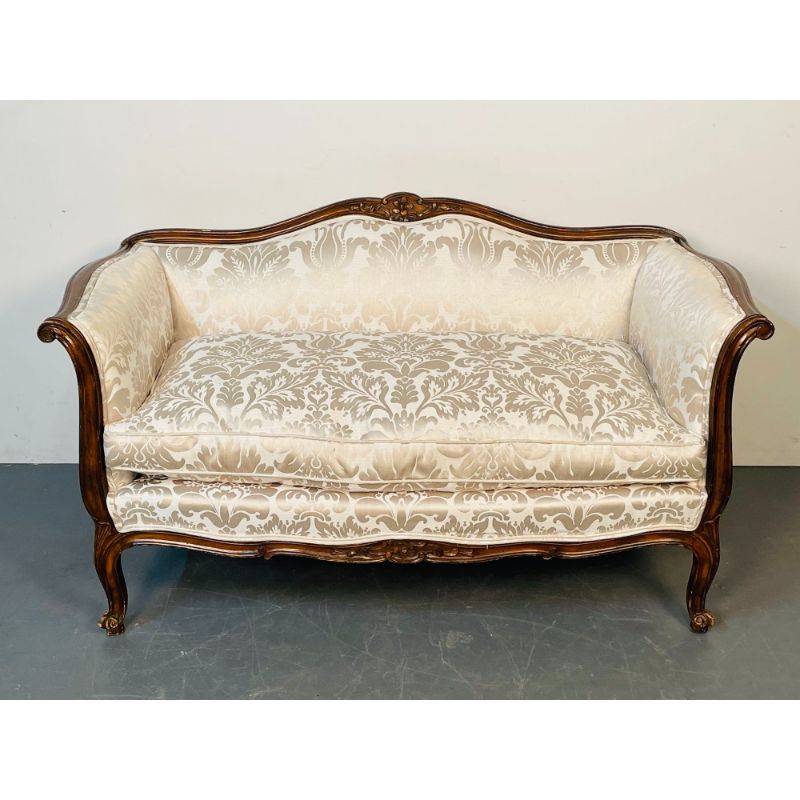 Small Louis XV Mahogany Carved Settee / Sofa, Floral Silk Upholstery