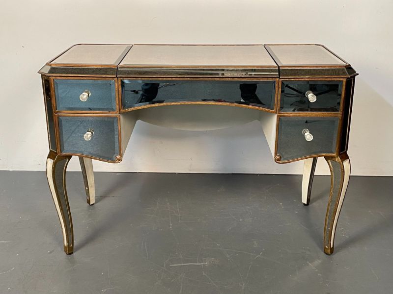 Hollywood Regency Style Mirrored Vanity or Desk, Giltwood Accent