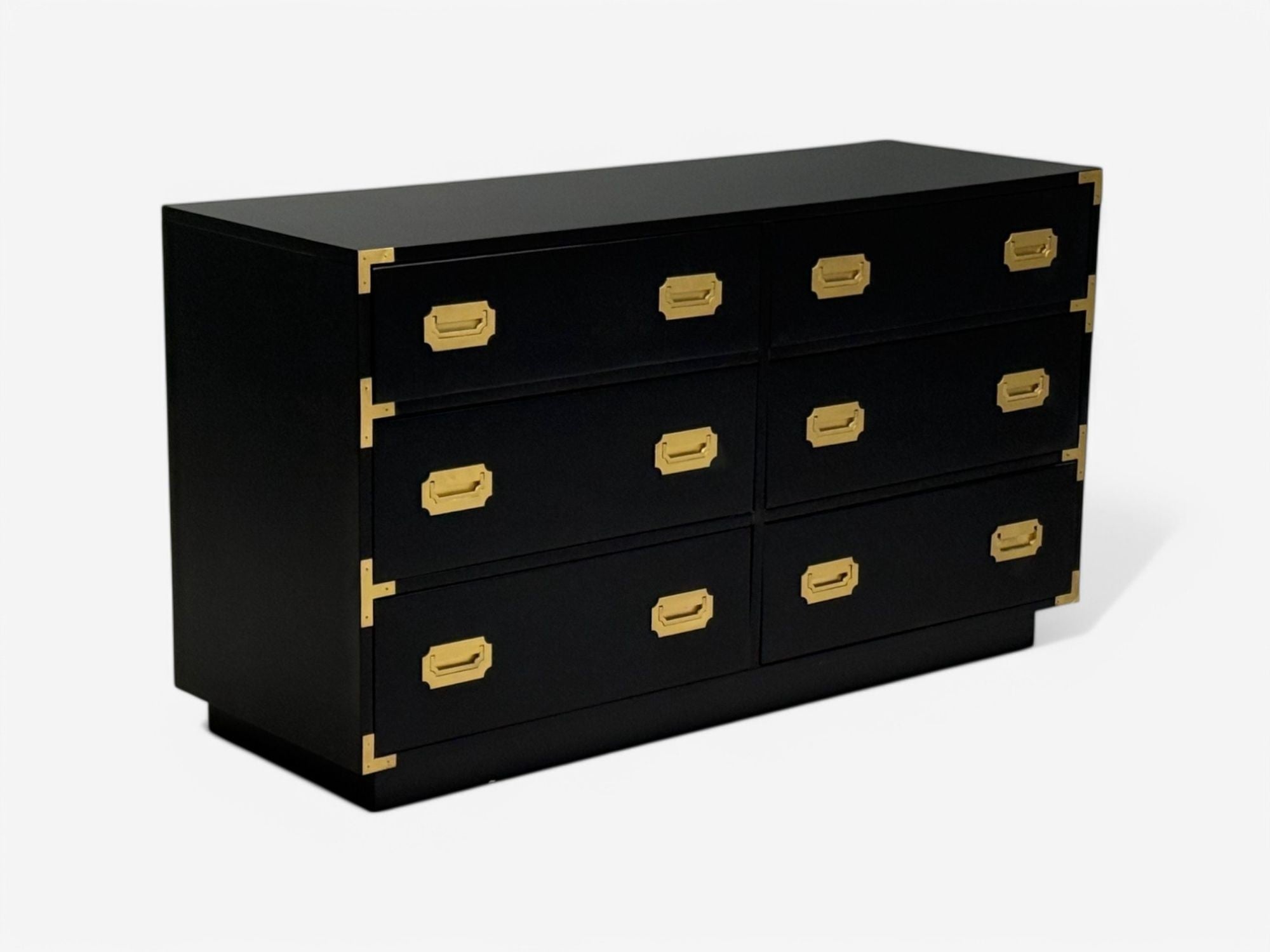 Hollywood Regency, Satin Black Wood, Brass, Campaign Dresser USA, 1970s