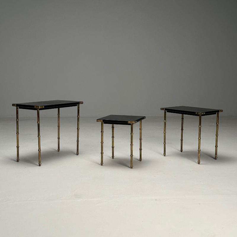 Jacques Adnet, French Mid-Century Modern, Nesting Tables, Leather, Brass, 1950s