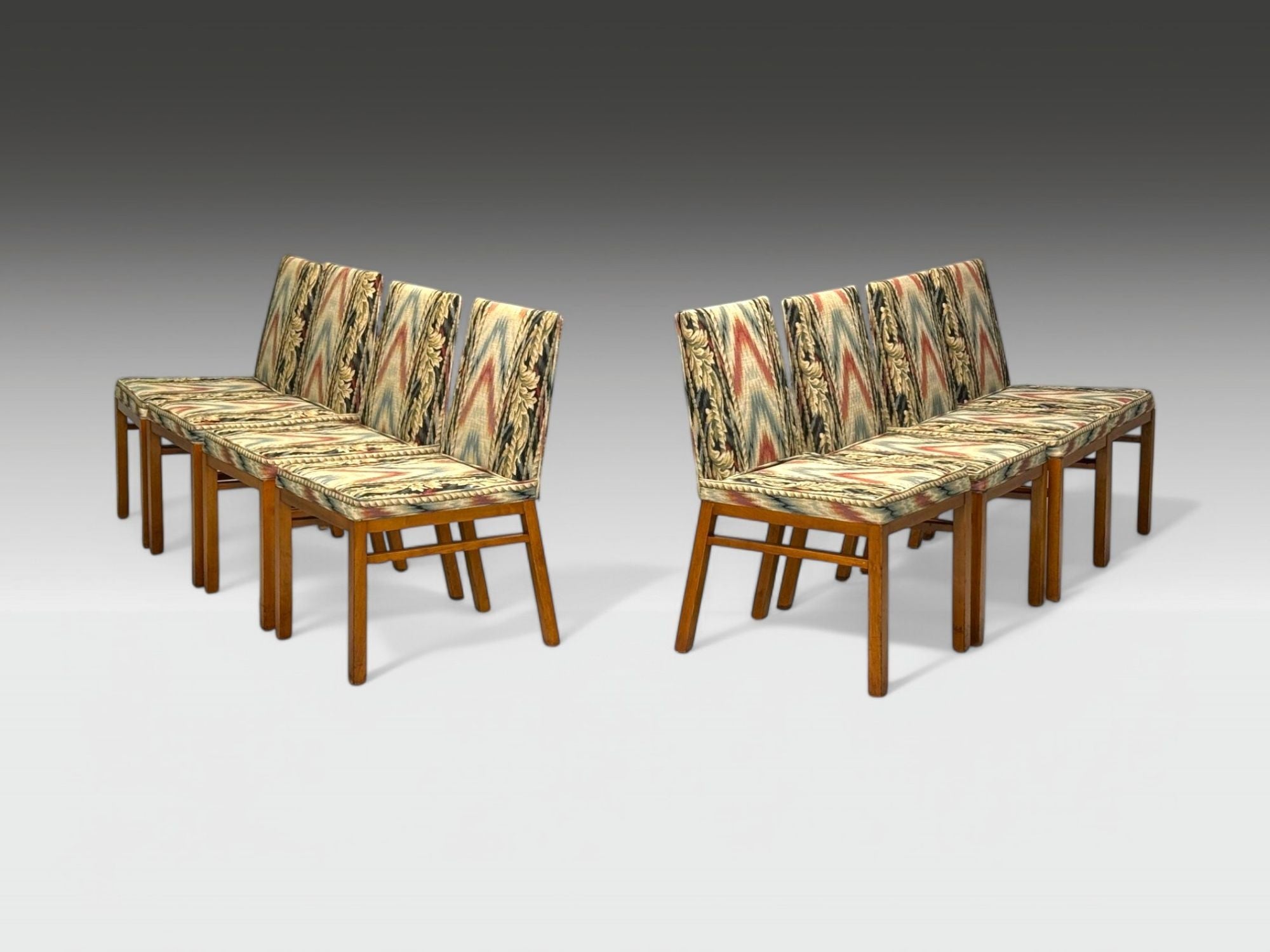 T.H. Robsjohn-Gibbings, Walnut, Scalamandre Fabric, Dining Chairs, USA, 1950s