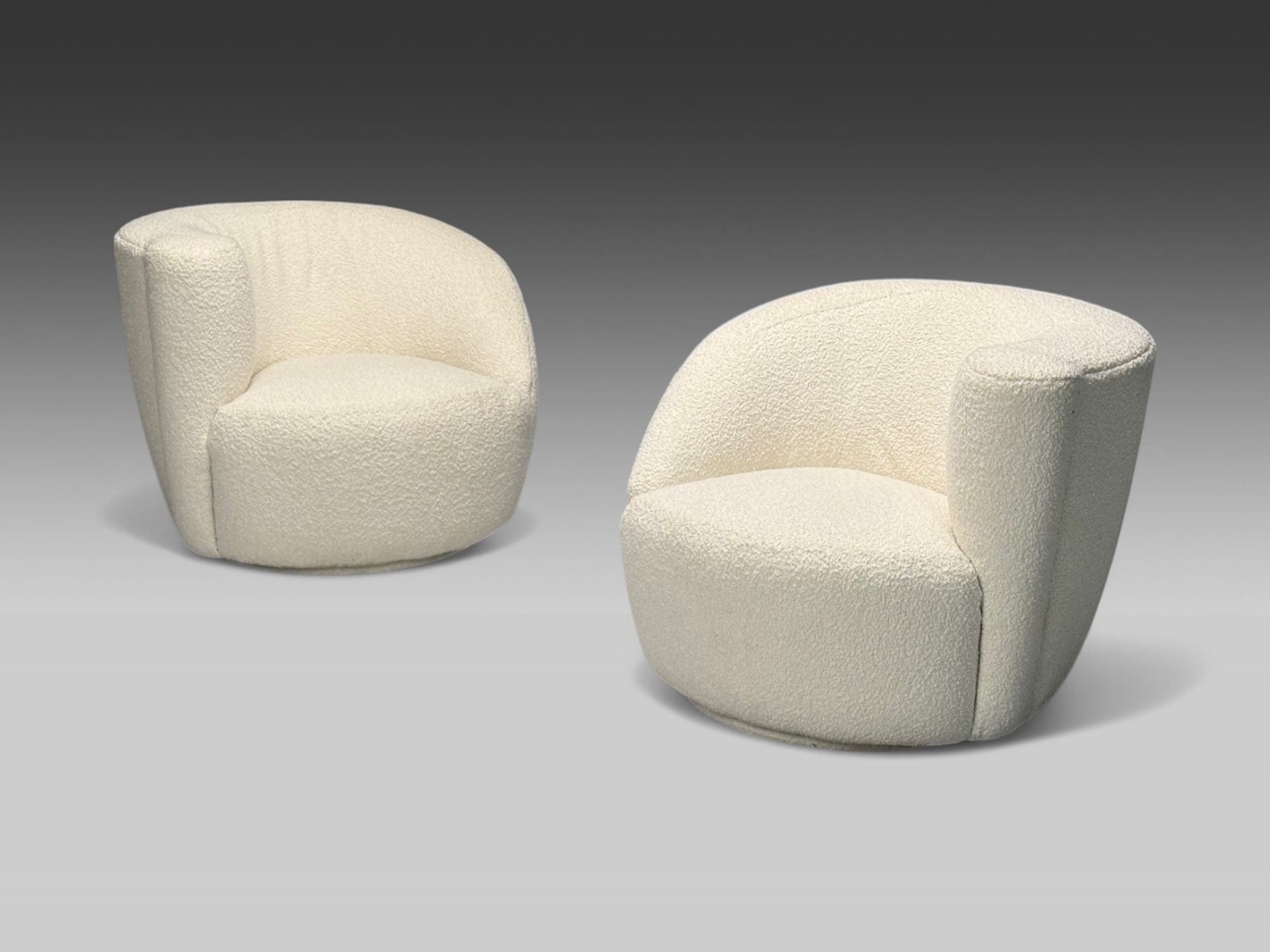 American Mid-Century Modern, White Bouclé, Nautilus Swivel Chairs, USA, 1970s