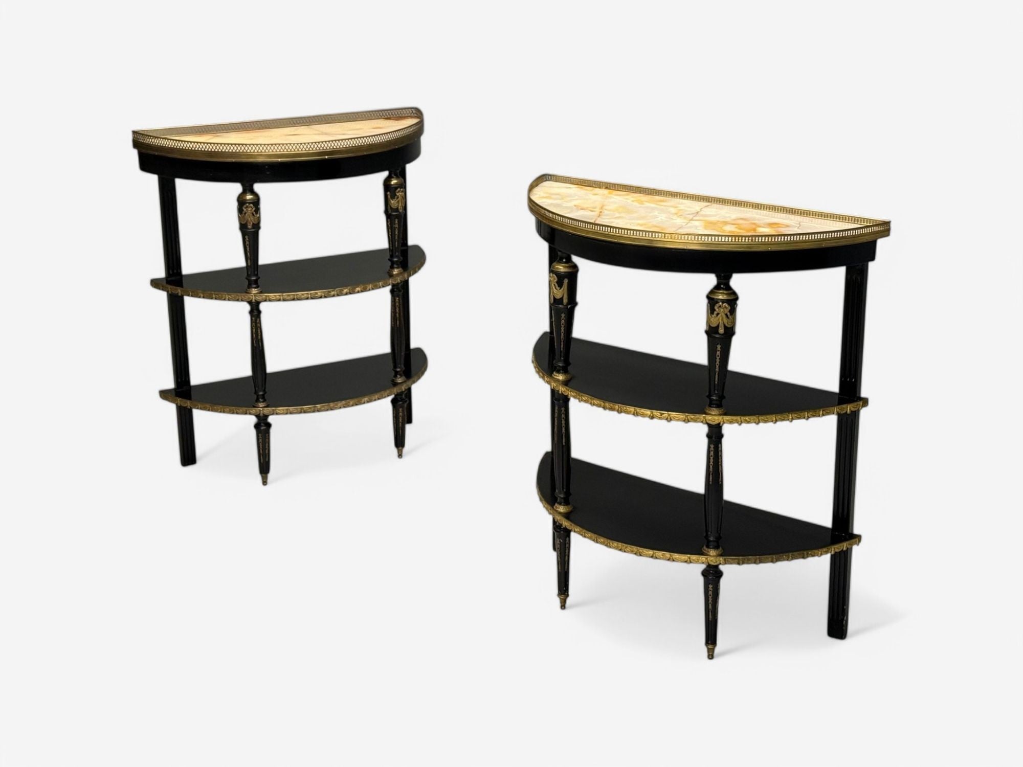 Hollywood Regency, Ebony Painted Wood, Onyx, Demilune Console Tables, 1930s
