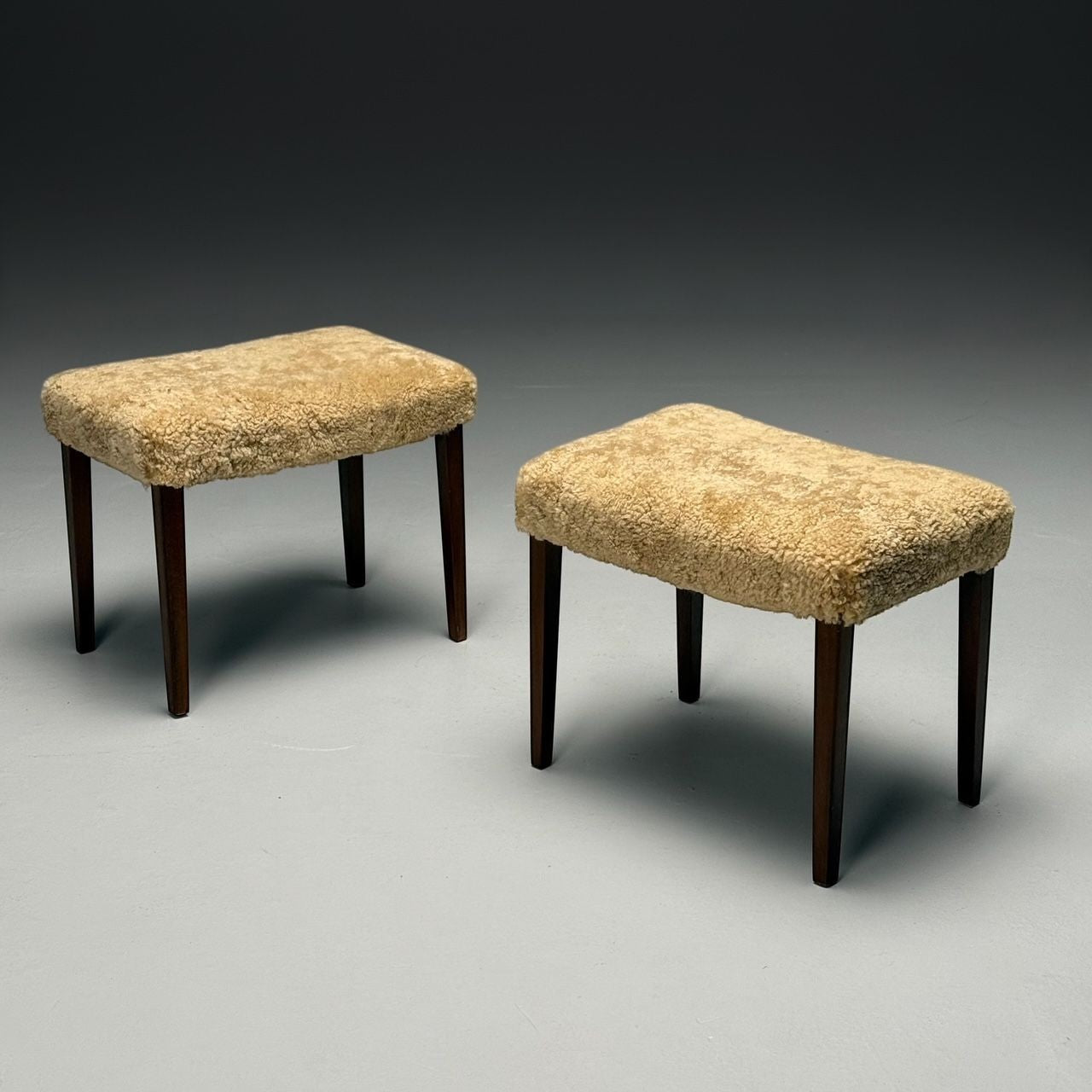Danish Mid-Century Modern, Ottomans, Honey Shearling, Mahogany, Denmark, 1950s