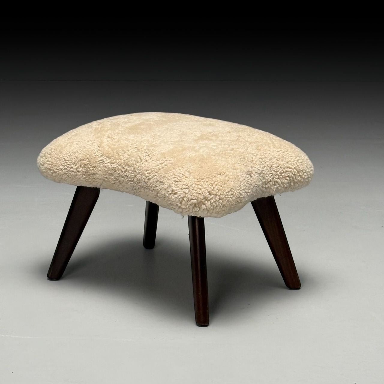 Madsen & Schubell Attr, Danish Modern, Organic Form Footstool, Shearling, 1960s