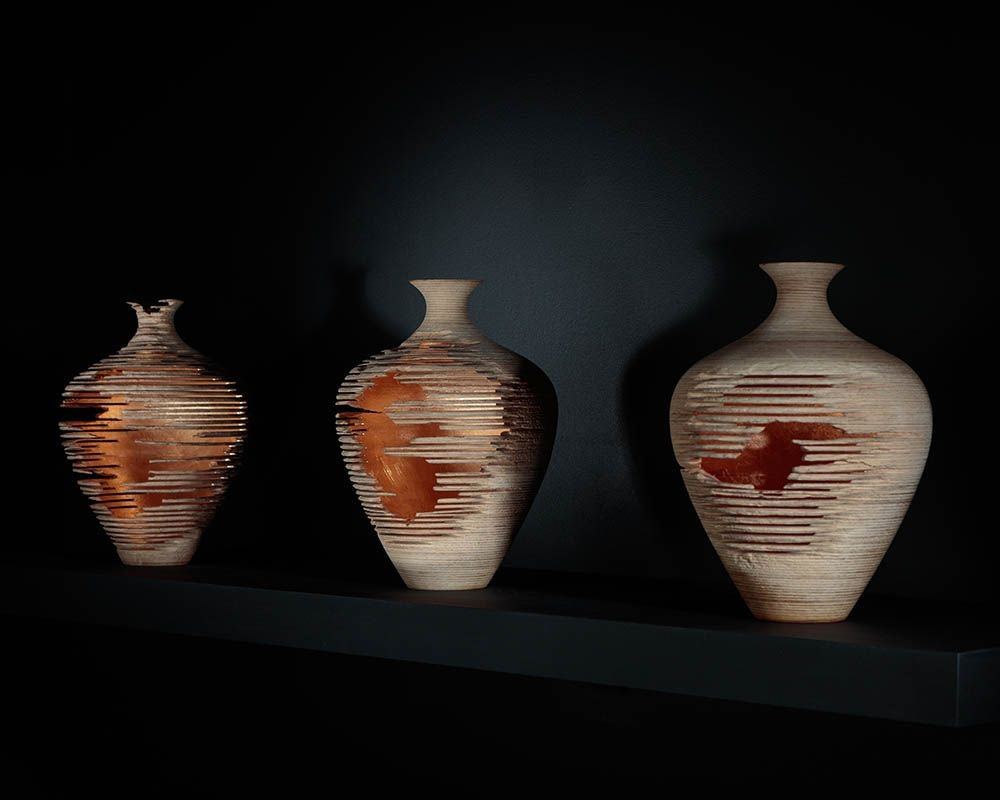Marc Fish, Contemporary, Ash, Rose Gold Leaf, Three Triptych Vessels, UK, 21st c