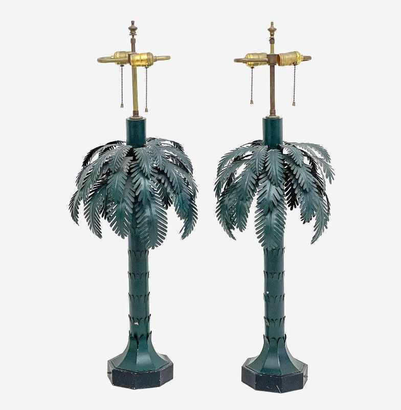Large Pair of Mid-Century Modern Maison Jansen Style Palm Tree Lamps, Metal