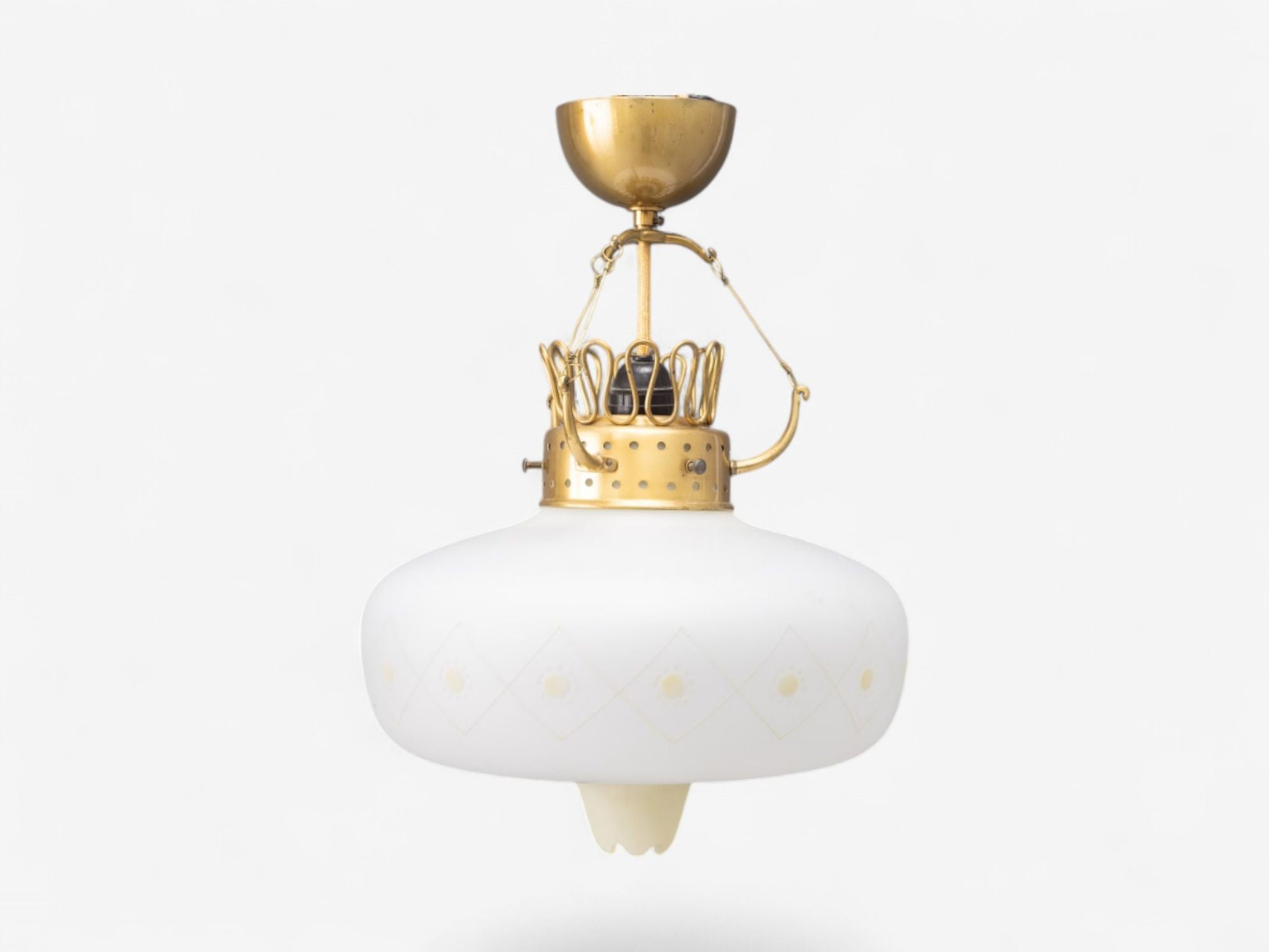 Swedish Modern, Opal Glass, Patinated Brass, Pendant Light, Sweden, 1940s