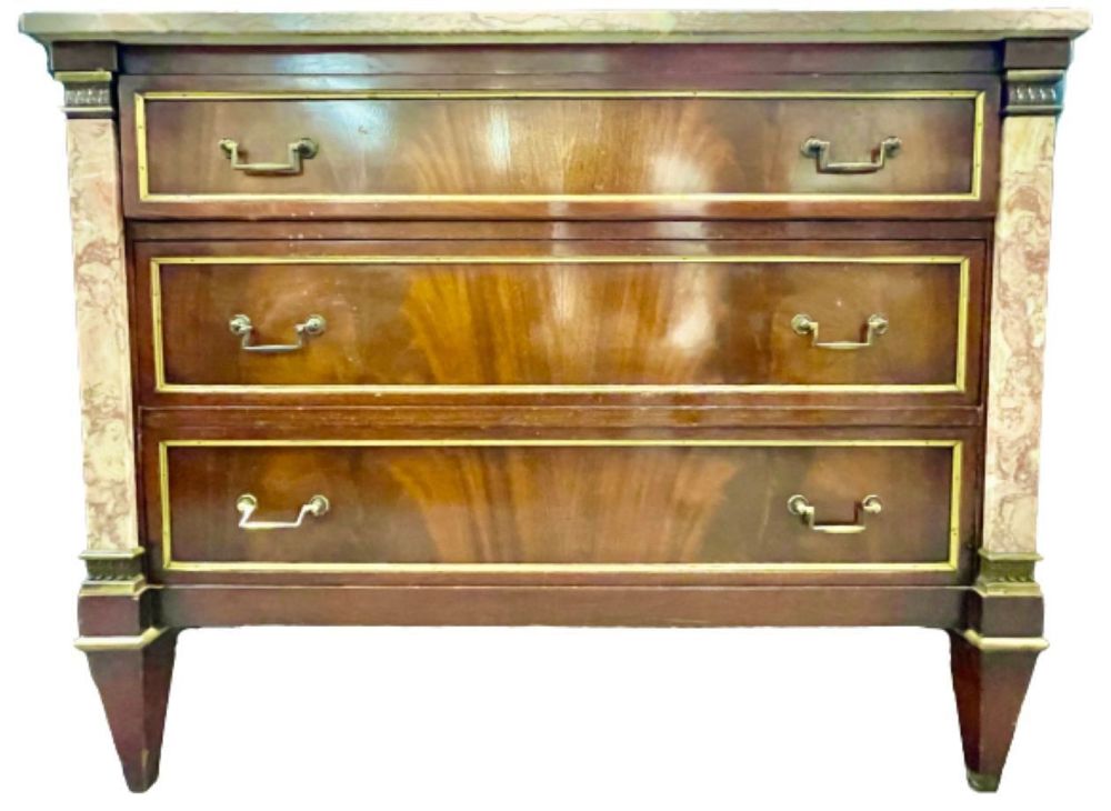 Marble Top Bronze-Mounted Maison Jansen Style Marble Column Front Commode