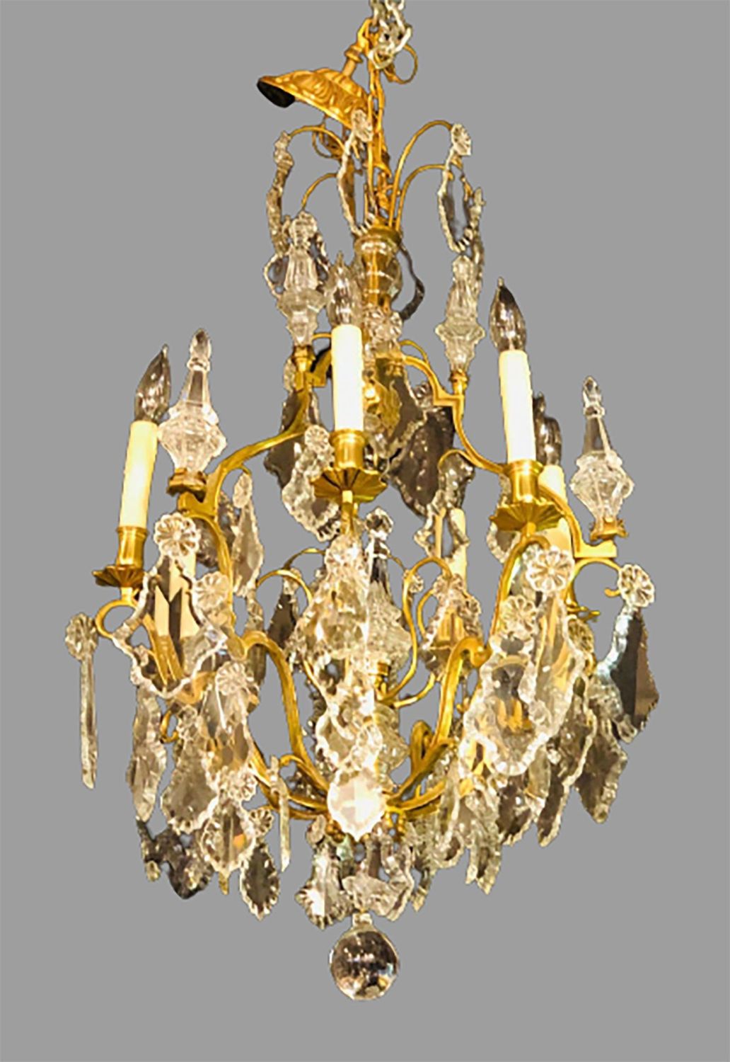 French Bronze and Crystal Gilt Chandelier, Louis XVI Style