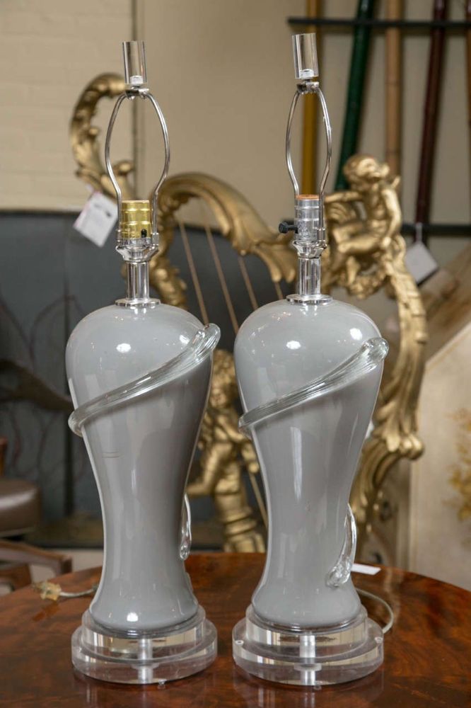 Pair of Deco Style Gray Glass Table Lamps with Lucite Bases