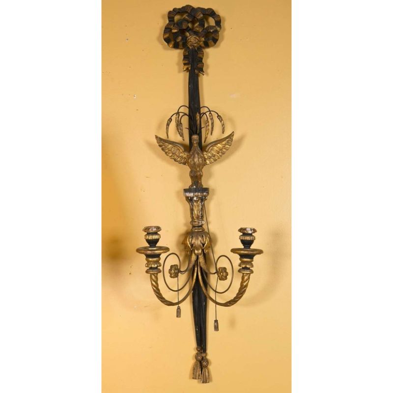 Pair of Two Light Louis XVI Style Eagle Carved Gilt Wall Sconces