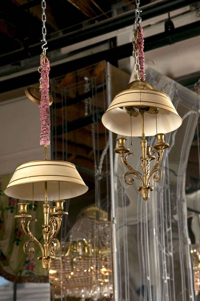 Pair of Finely Chased Bronze Doré Louis XV Style Chandeliers Three Candelabras