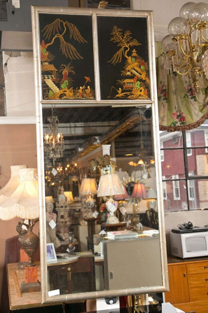 Chinoiserie Hand Painted Style Faux Silver Bamboo Mirror Decorative