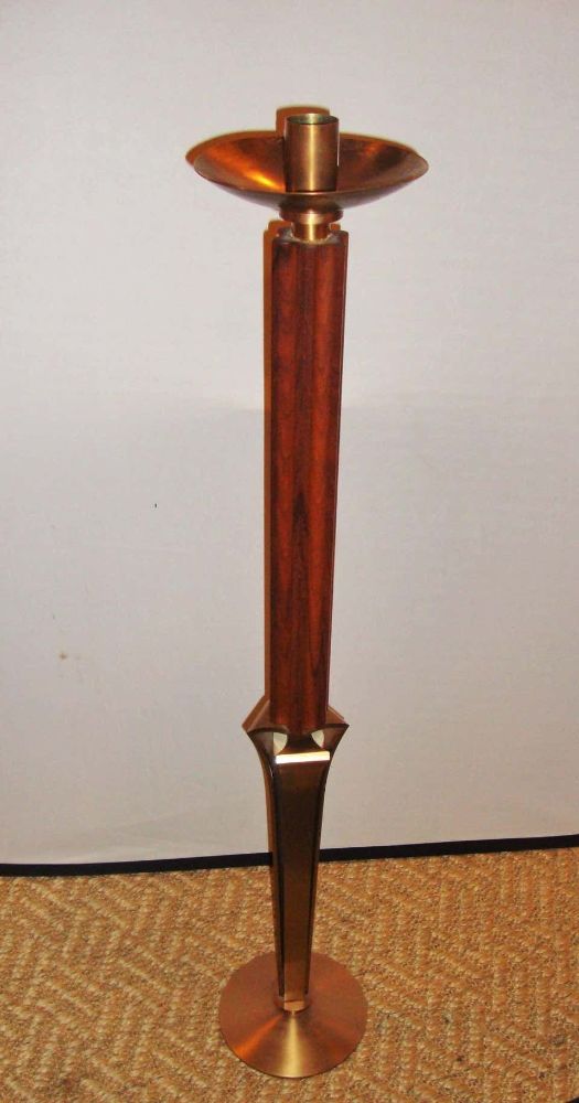 Pair of Mid-Century Modern Teak and Brass Standing "Prickets" Candlesticks