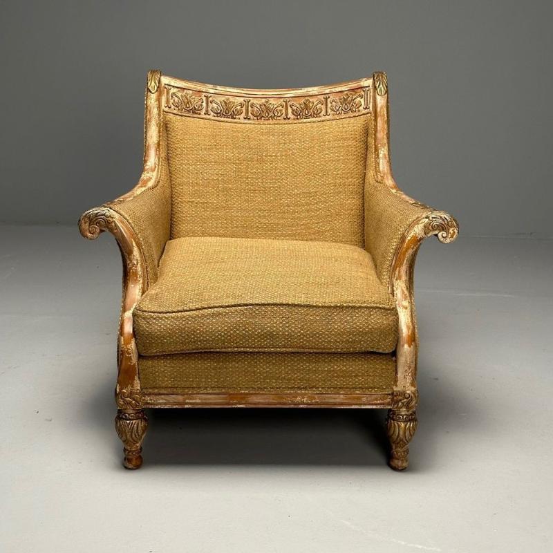 Gustavian, Italian Renaissance Style, Chair, Burlap, Distressed Paint, Giltwood