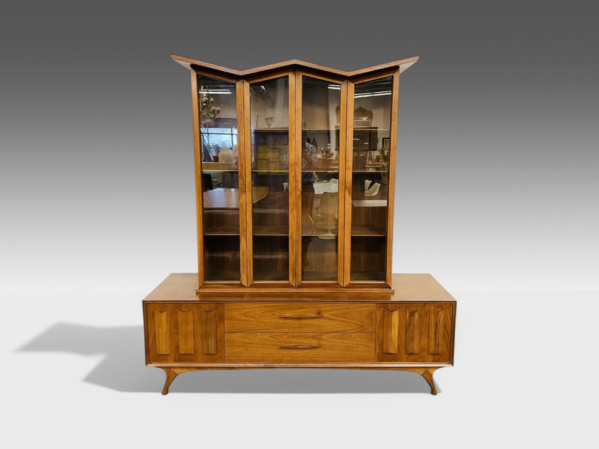 Duiske, Irish Mid Century Modern, Stained Wood, Glass, Breakfront, 1950s