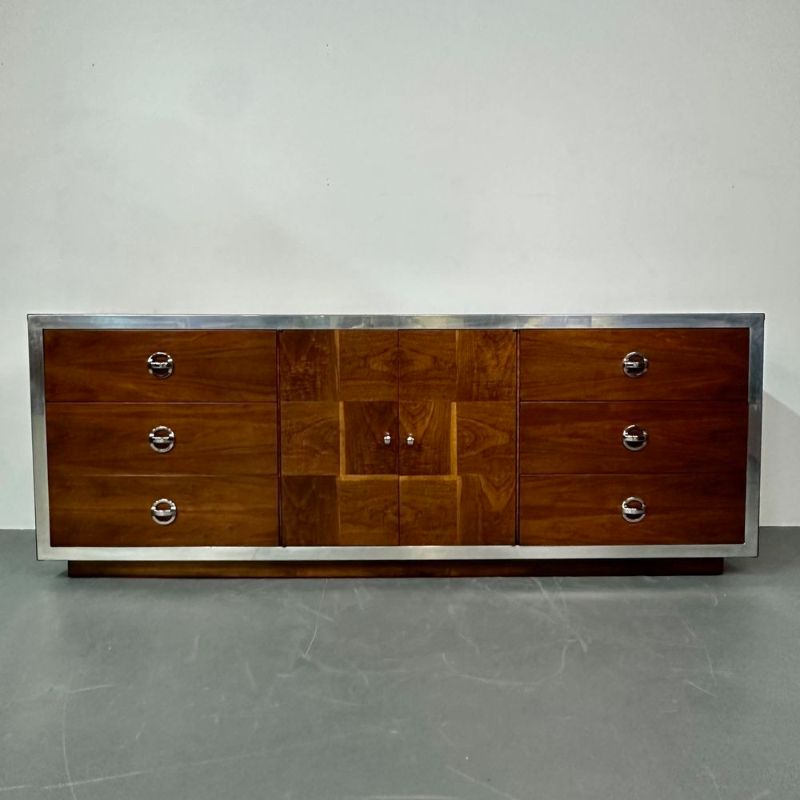 Compatible Pair of Mid-Century Modern Milo Baughman Dressers, Burlwood, Chrome