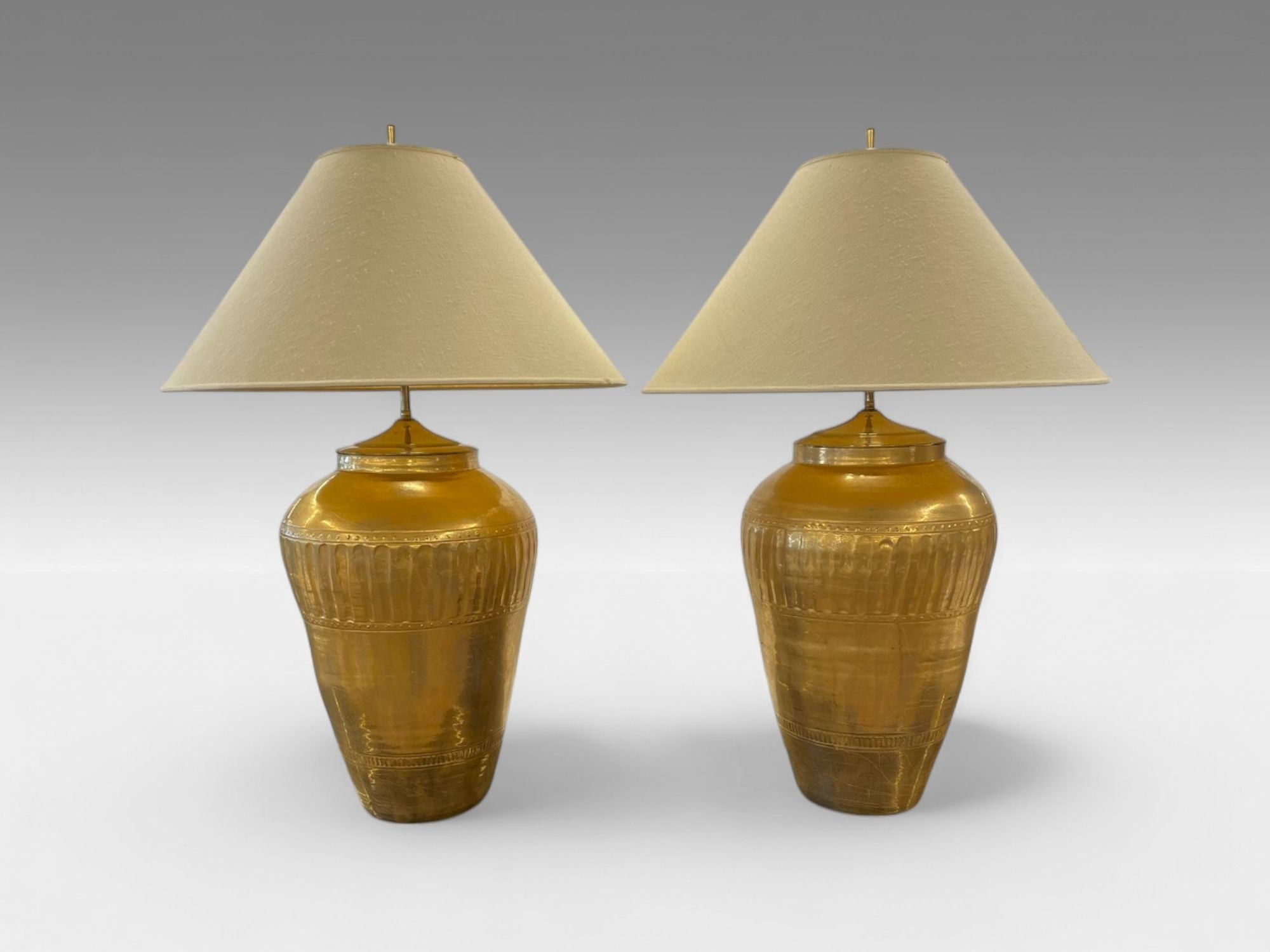 Hollywood Regency, Water Gilt, Fabric, Monumental Table Lamps, USA, 1970s