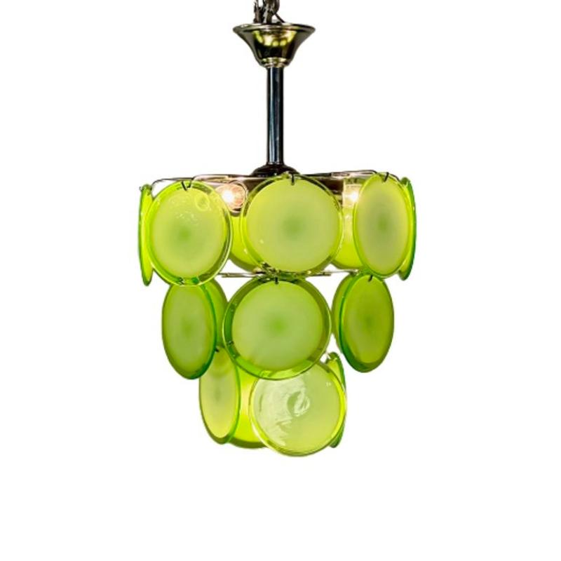 Pair of Mid-Century Modern Style Small Green Murano Glass Disk Chandeliers