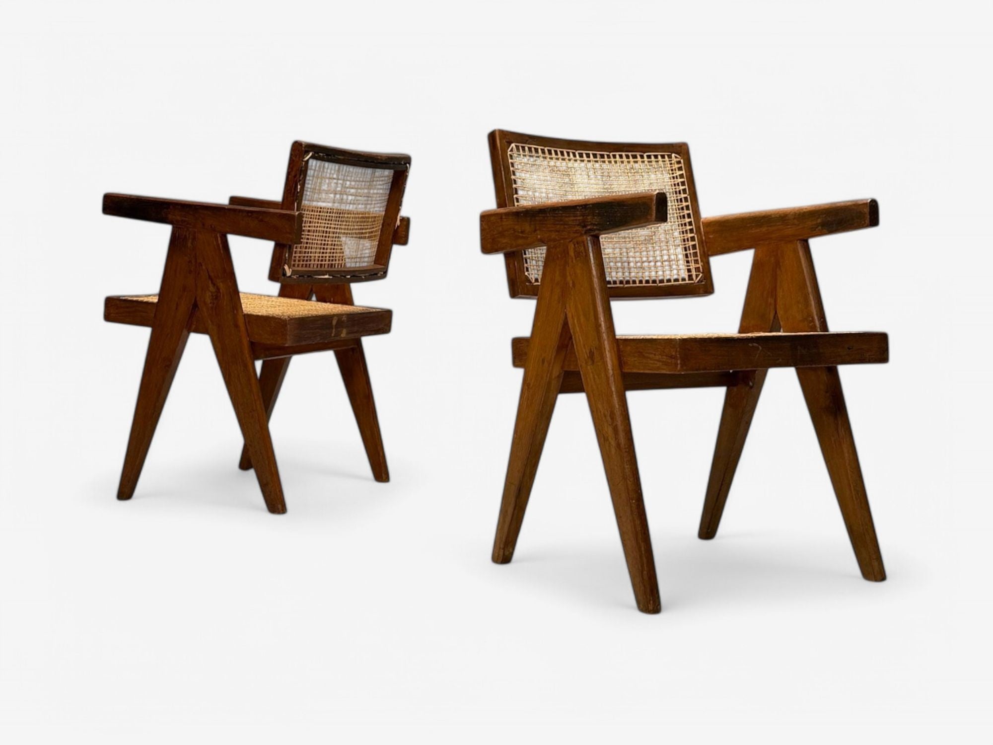 Pierre Jeanneret, Teak, Cane, Four Floating Back Chairs, Chandigarh, 1960s