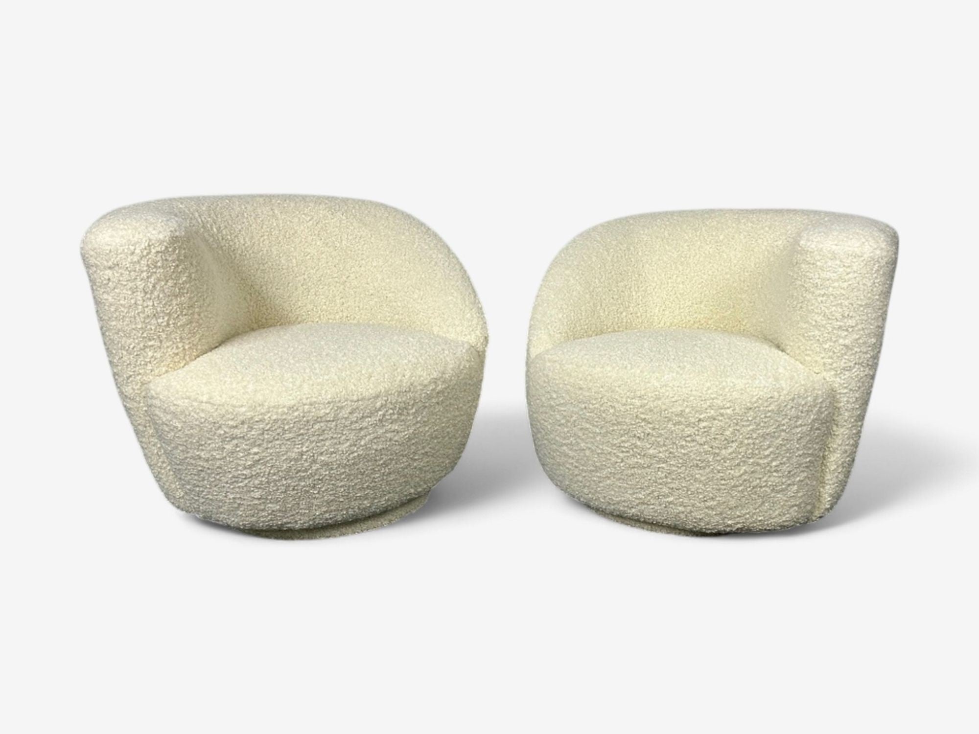 Vladimir Kagan Style, White Boucle, Nautilus Style Swivel Chairs, USA, 1970s