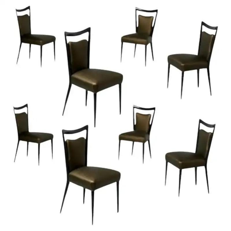 Melchiorre Bega, Italian Mid-Century Modern, Dining Chairs, Table, Black Lacquer